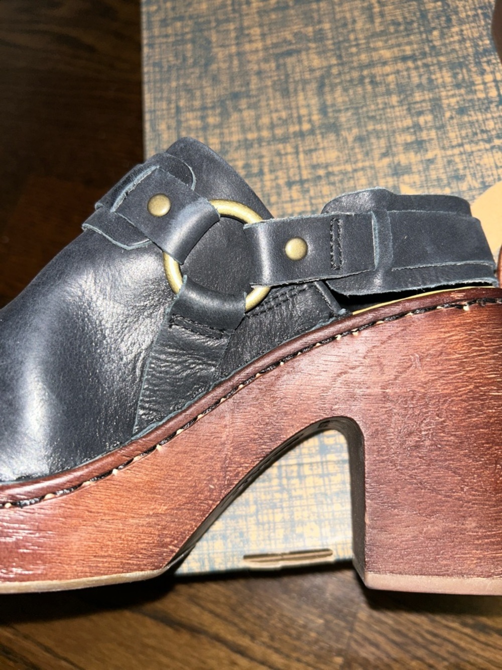 Born Black Leather Clog Mules with Brown Wood-Look Soles - Picture 5 of 7